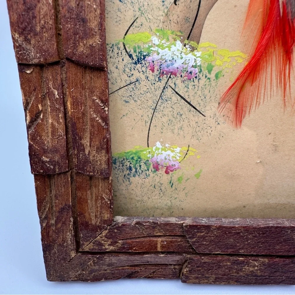 Vibrant Vintage Mexican Folk Art Feather Craft Red Bird Picture Carved Frame - Picture 7 of 16